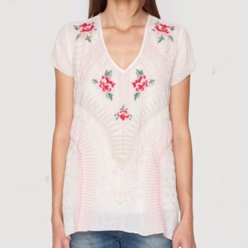 Johnny Was 3J Workshop Blush Pink Rose Floral V-Neck Short Sleeve Tunic Blouse S